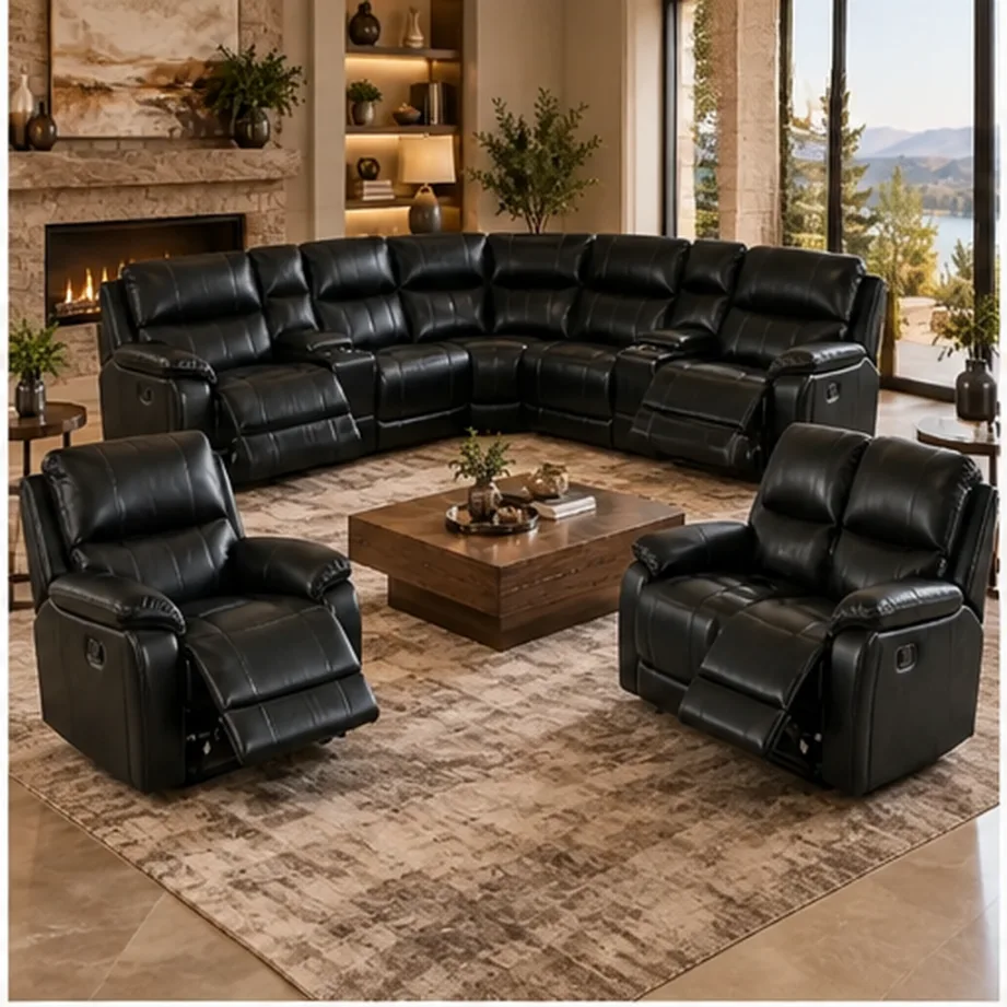 Monaco Luxury Recliner Lounge Suite – Corner Sofa, 2-Seater & Single Recliner – Dark Brown - Black AI