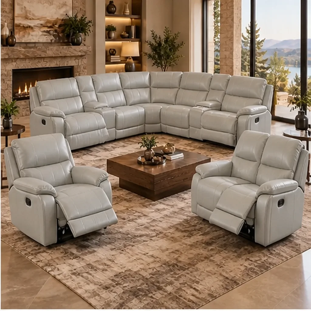 Monaco Luxury Recliner Lounge Suite – Corner Sofa, 2-Seater & Single Recliner – Dark Brown - Light Grey AI
