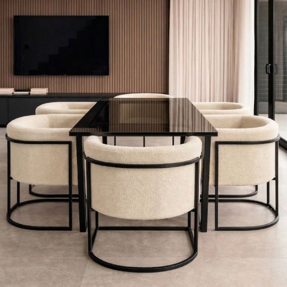 Lucky Furn 6-Seater Dining Set - Black Glass Table & Cream Bouclé Chairs