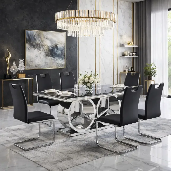 Merc Modern Room Dining Set – 7 Piece Contemporary Chrome Dining Suite