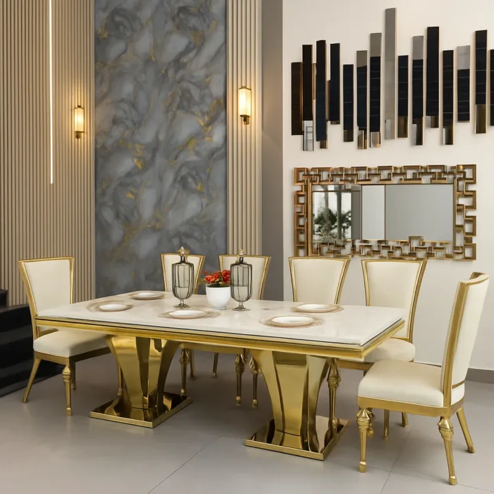 Bellvara Marble & Gold 7-Piece Dining Set