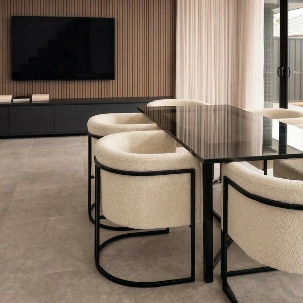 Lucky Furn 6-Seater Dining Set - Black Glass Table & Cream Bouclé Chairs