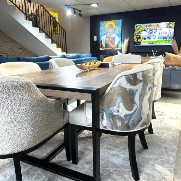 Lucky Furn 6-Seater Dining Set - Wood-Look Table with Patterned & Solid Chairs