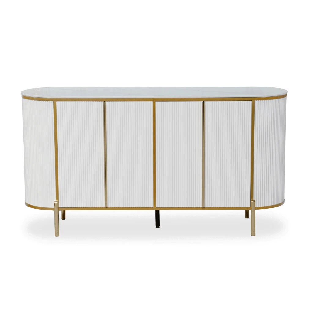 Modern Luxury Sideboard Table with marble-effect top and gold accents, featuring fluted doors for stylish storage.