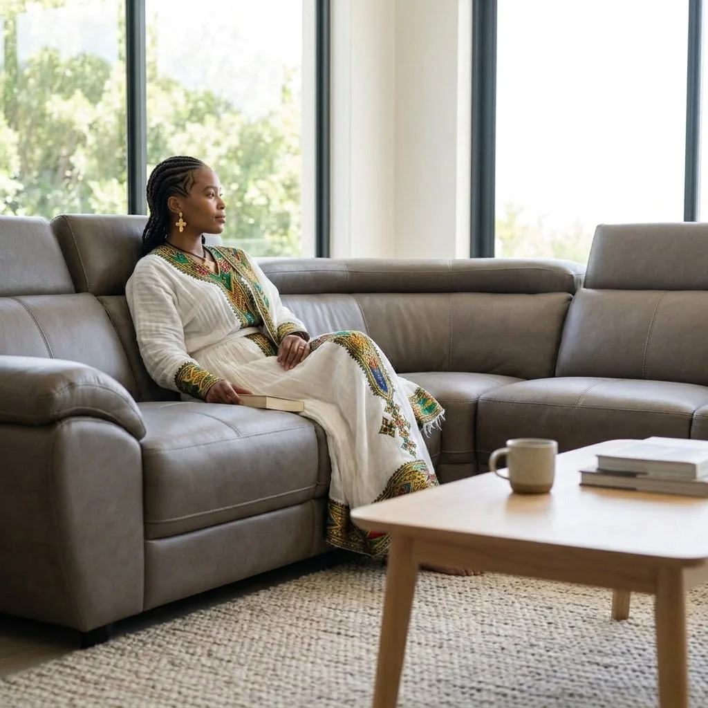 Modern L-Shape Sectional Lounge Suite with woman relaxing in stylish living room setting.