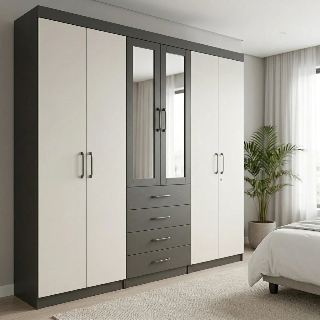 6 Door Wardrobe with Mirror and Drawers featuring built-in drawers and a mirrored section.