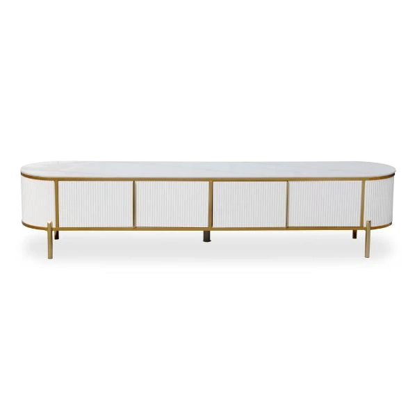 Arabelle Luxe Modern Marble Finish TV Stand featuring a sophisticated design and gold accents.