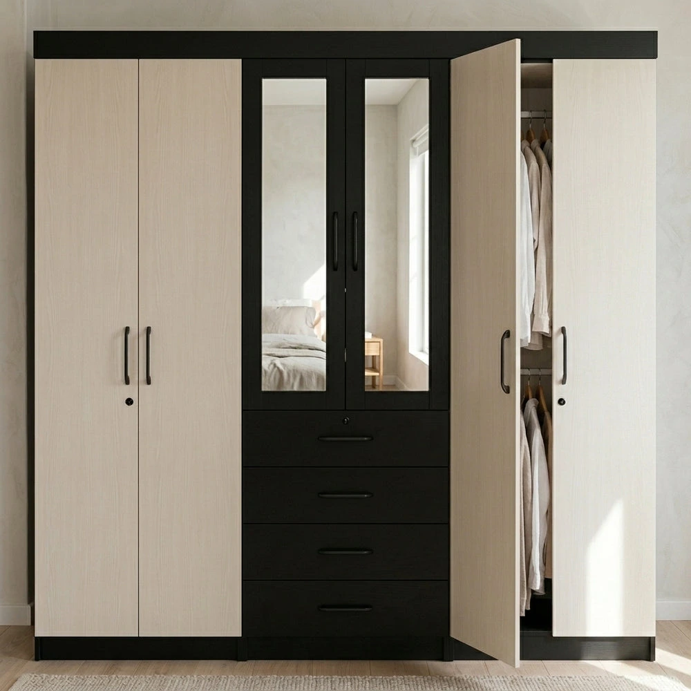 6 Door Wardrobe with Mirror and Drawers featuring a modern design and ample storage space for clothing.