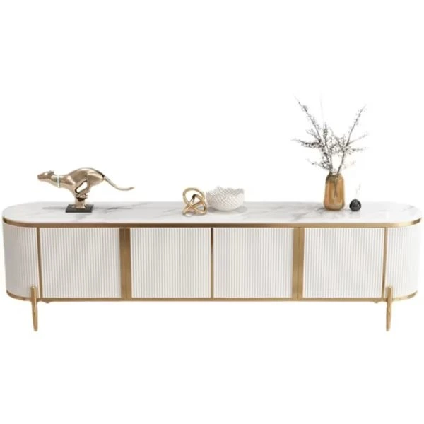 Arabelle Luxe Modern Marble Finish TV Stand with gold accents and decorative accessories on top.