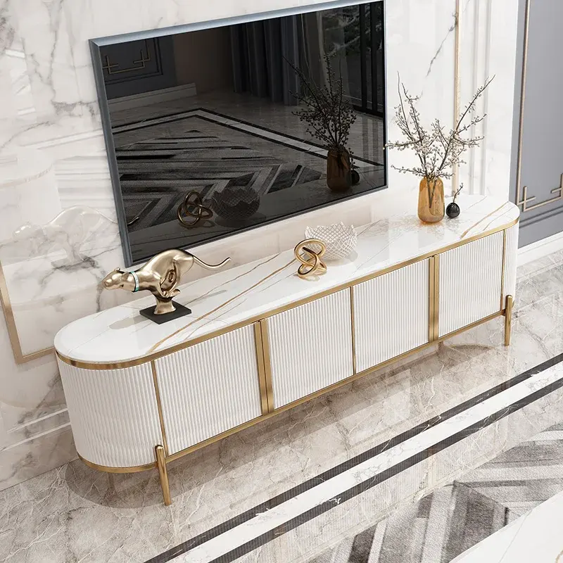 Arabelle Luxe Modern Marble Finish TV Stand placed under a wall-mounted television in a stylish living area.