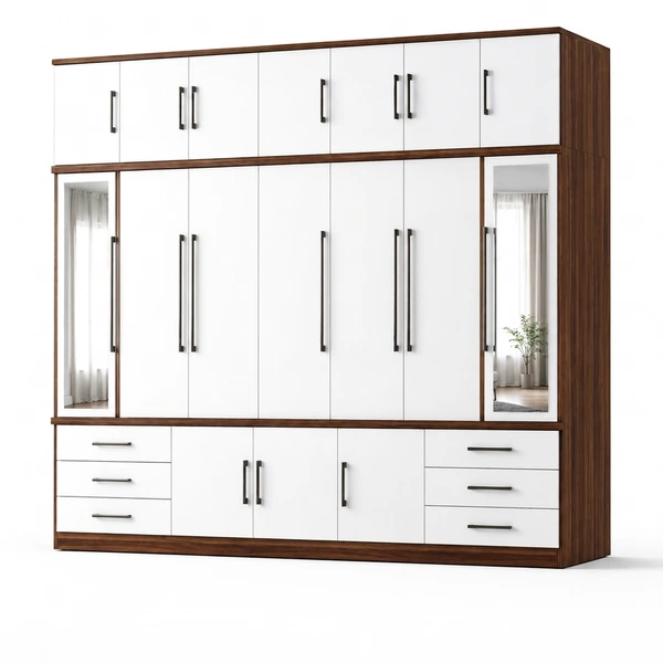 Large Modern Wardrobe with Mirrors featuring multiple storage sections and a sleek design with mirrored panels.