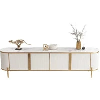 Arabelle Luxe Modern Marble Finish TV Stand with gold accents and decorative accessories on top.