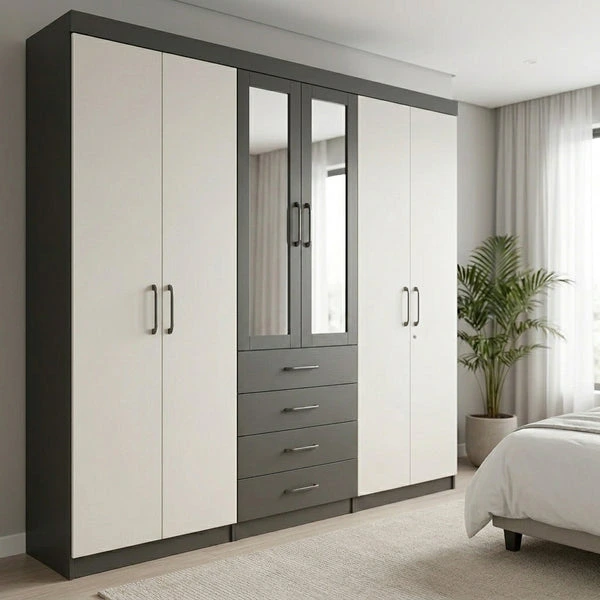 6 Door Wardrobe with Mirror and Drawers featuring built-in drawers and a mirrored section.