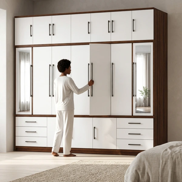 Large Modern Wardrobe with Mirrors in a stylish bedroom setting, featuring multiple storage options and mirrored panels.