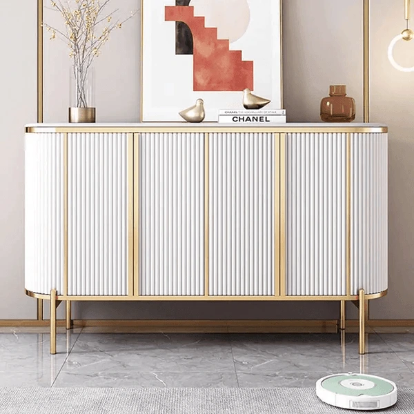 Modern Luxury Sideboard Table featuring a marble-effect top, fluted doors, and gold accents in an elegant living space.