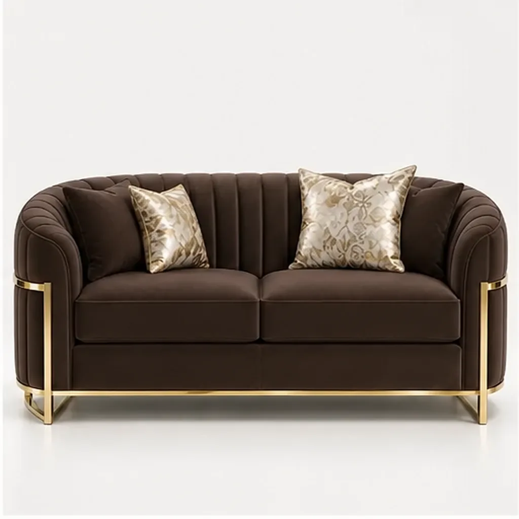 Valencia Curve 2 Seater Sofa – Taupe & Gold - Dark Brown AI