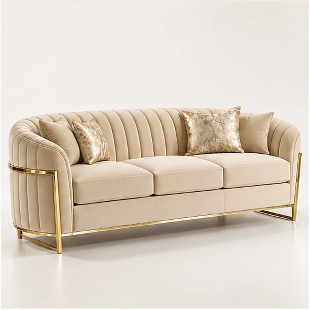 Valencia Curve 3 Seater Sofa – Taupe & Gold - Beige AI