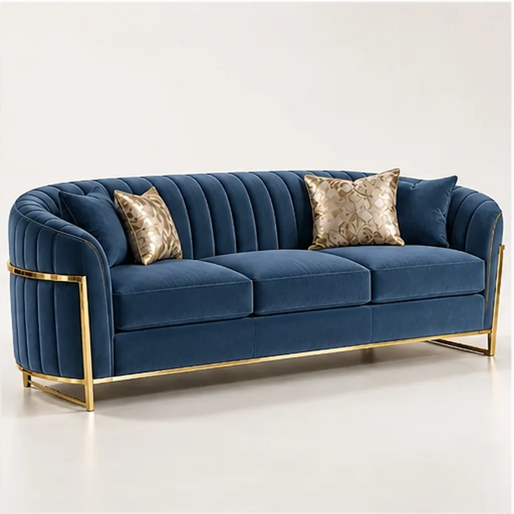 Valencia Curve 3 Seater Sofa – Taupe & Gold - Blue AI