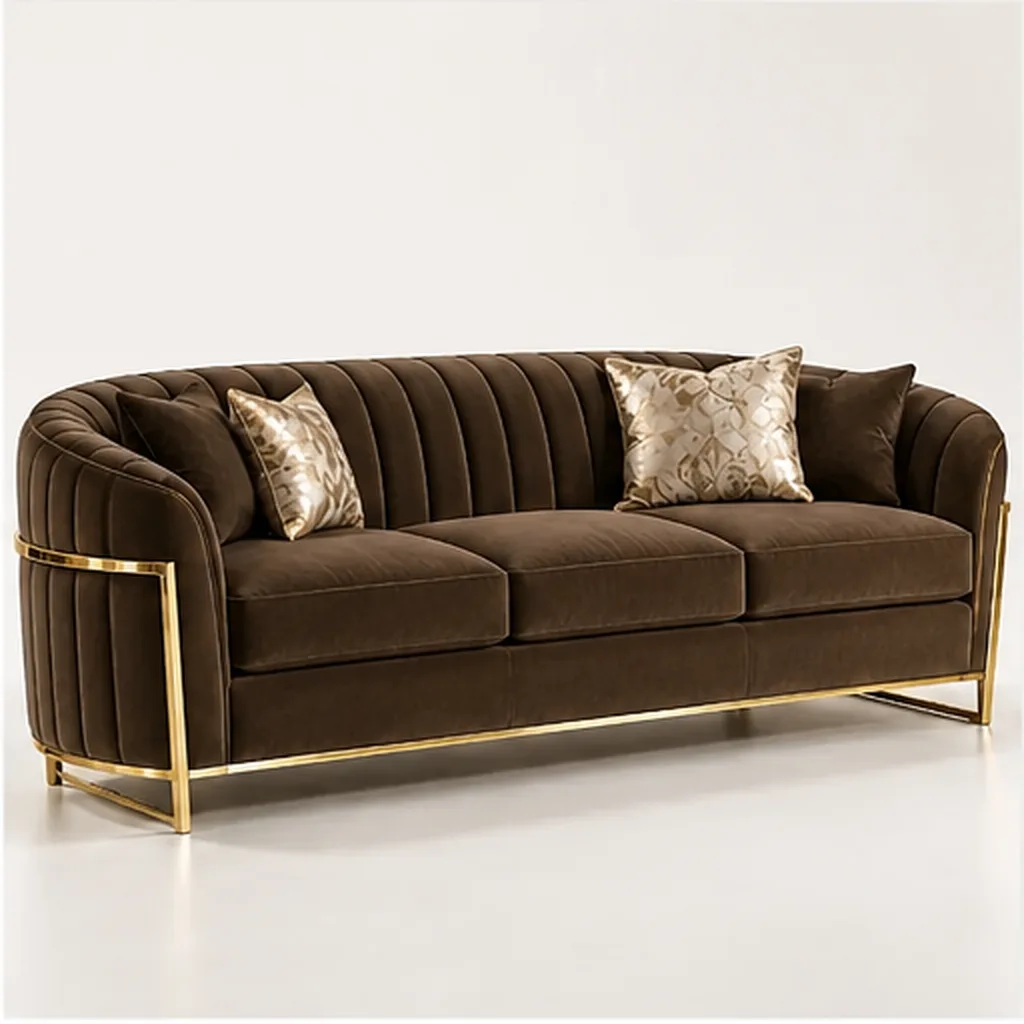 Valencia Curve 3 Seater Sofa – Taupe & Gold - Dark Brown AI